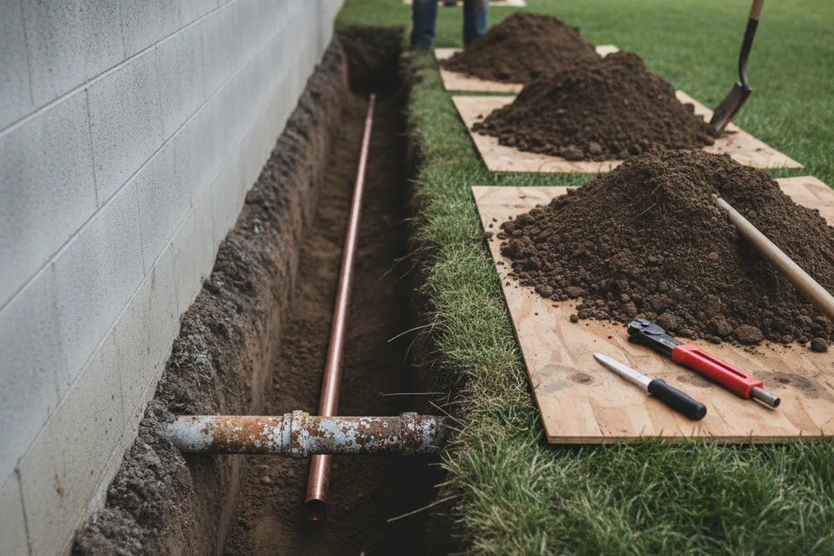 Excavated water line trench during Water Softener Installation in Mecca